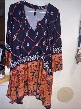 Boho Floral Navy and Rust Tunic Dress